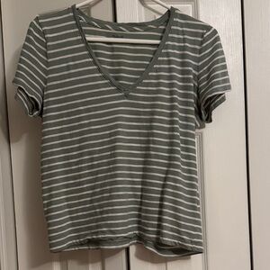 Madewell Striped V-Neck Short Sleeve Cotton Tee - Sage Green & Cream